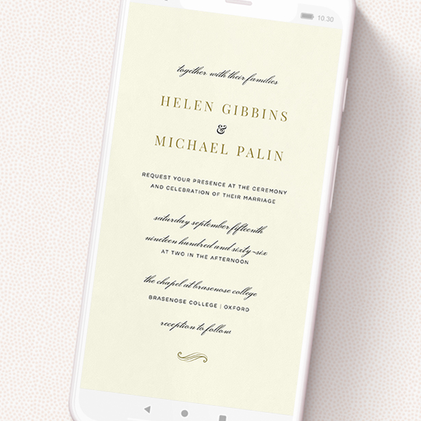 A text message wedding invite design named 'Simple flourish '. It is a smartphone screen sized invite in a portrait orientation. 'Simple flourish ' is available as a flat invite, with tones of cream and gold.