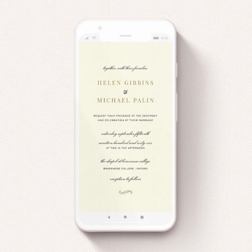 A text message wedding invite design named "Simple flourish ". It is a smartphone screen sized invite in a portrait orientation. "Simple flourish " is available as a flat invite, with tones of cream and gold.