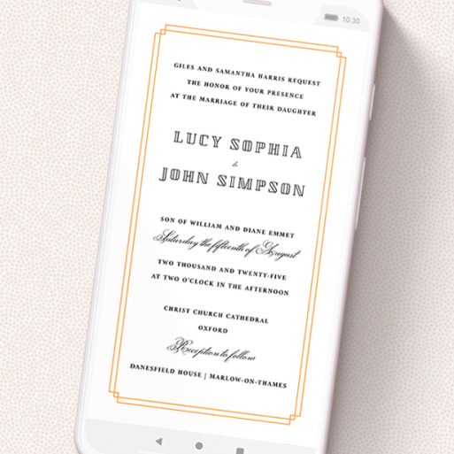 A text message wedding invite design named 'Simplistic Notch Frame'. It is a smartphone screen sized invite in a portrait orientation. 'Simplistic Notch Frame' is available as a flat invite, with tones of orange and white.