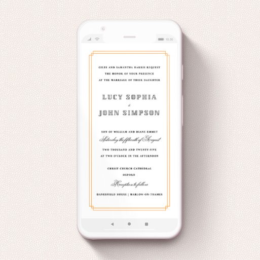 A text message wedding invite design named "Simplistic Notch Frame". It is a smartphone screen sized invite in a portrait orientation. "Simplistic Notch Frame" is available as a flat invite, with tones of orange and white.