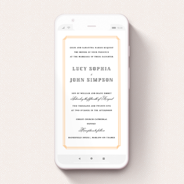 A text message wedding invite design named "Simplistic Notch Frame". It is a smartphone screen sized invite in a portrait orientation. "Simplistic Notch Frame" is available as a flat invite, with tones of orange and white.