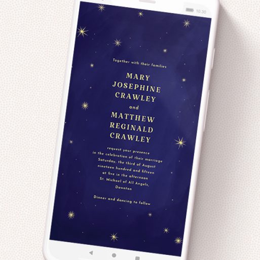 A text message wedding invite called 'Sky at night '. It is a smartphone screen sized invite in a portrait orientation. 'Sky at night ' is available as a flat invite, with tones of blue and gold.