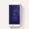A text message wedding invite called "Sky at night ". It is a smartphone screen sized invite in a portrait orientation. "Sky at night " is available as a flat invite, with tones of blue and gold.