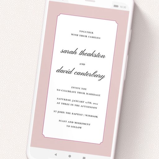 A text message wedding invite design titled 'Square slant Vintage'. It is a smartphone screen sized invite in a portrait orientation. 'Square slant Vintage' is available as a flat invite, with tones of pink and white.