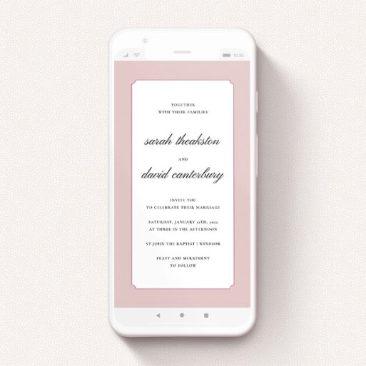 A text message wedding invite design titled "Square slant Vintage". It is a smartphone screen sized invite in a portrait orientation. "Square slant Vintage" is available as a flat invite, with tones of pink and white.