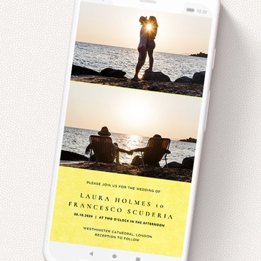A text message wedding invite design named 'Sunny Thirds'. It is a smartphone screen sized invite in a portrait orientation. It is a photographic text message wedding invite with room for 2 photos. 'Sunny Thirds' is available as a flat invite, with mainly yellow colouring.