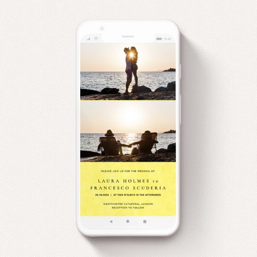 A text message wedding invite design named "Sunny Thirds". It is a smartphone screen sized invite in a portrait orientation. It is a photographic text message wedding invite with room for 2 photos. "Sunny Thirds" is available as a flat invite, with mainly yellow colouring.