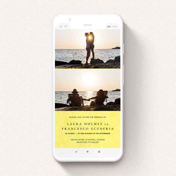 A text message wedding invite design named "Sunny Thirds". It is a smartphone screen sized invite in a portrait orientation. It is a photographic text message wedding invite with room for 2 photos. "Sunny Thirds" is available as a flat invite, with mainly yellow colouring.