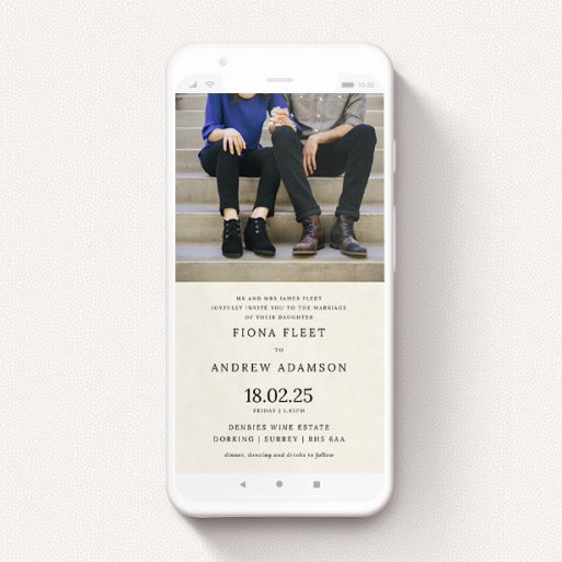 A text message wedding invite design titled "Top and Bottom Cream". It is a smartphone screen sized invite in a portrait orientation. It is a photographic text message wedding invite with room for 1 photo. "Top and Bottom Cream" is available as a flat invite, with mainly cream colouring.