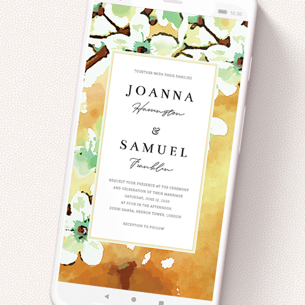 A text message wedding invite called 'Vintage Blossom'. It is a smartphone screen sized invite in a portrait orientation. 'Vintage Blossom' is available as a flat invite, with tones of deep orange, mint green and white.