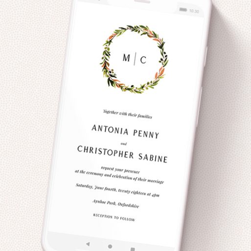 A text message wedding invite design named 'Watercolour Olive Wreath'. It is a smartphone screen sized invite in a portrait orientation. 'Watercolour Olive Wreath' is available as a flat invite, with tones of white and green.