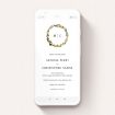 A text message wedding invite design named "Watercolour Olive Wreath". It is a smartphone screen sized invite in a portrait orientation. "Watercolour Olive Wreath" is available as a flat invite, with tones of white and green.