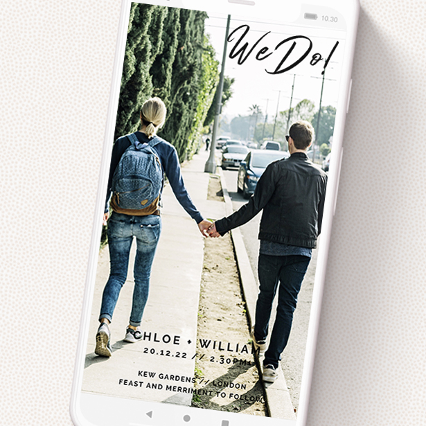 A text message wedding invite called 'We Do'. It is a smartphone screen sized invite in a portrait orientation. It is a photographic text message wedding invite with room for 1 photo. 'We Do' is available as a flat invite, with mainly black colouring.