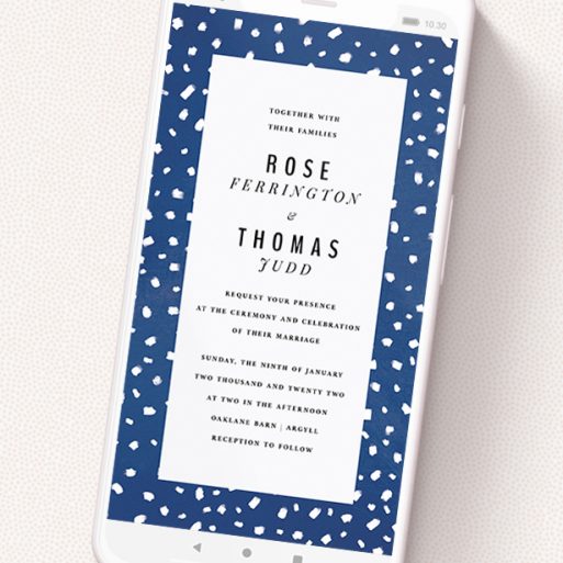 A text message wedding invite design titled 'White dots'. It is a smartphone screen sized invite in a portrait orientation. 'White dots' is available as a flat invite, with tones of blue and white.