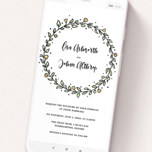 A text message wedding invite called 'Wreath Outline'. It is a smartphone screen sized invite in a portrait orientation. 'Wreath Outline' is available as a flat invite, with tones of green, purple and blue.