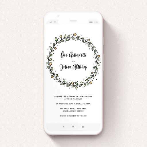 A text message wedding invite called "Wreath Outline". It is a smartphone screen sized invite in a portrait orientation. "Wreath Outline" is available as a flat invite, with tones of green, purple and blue.
