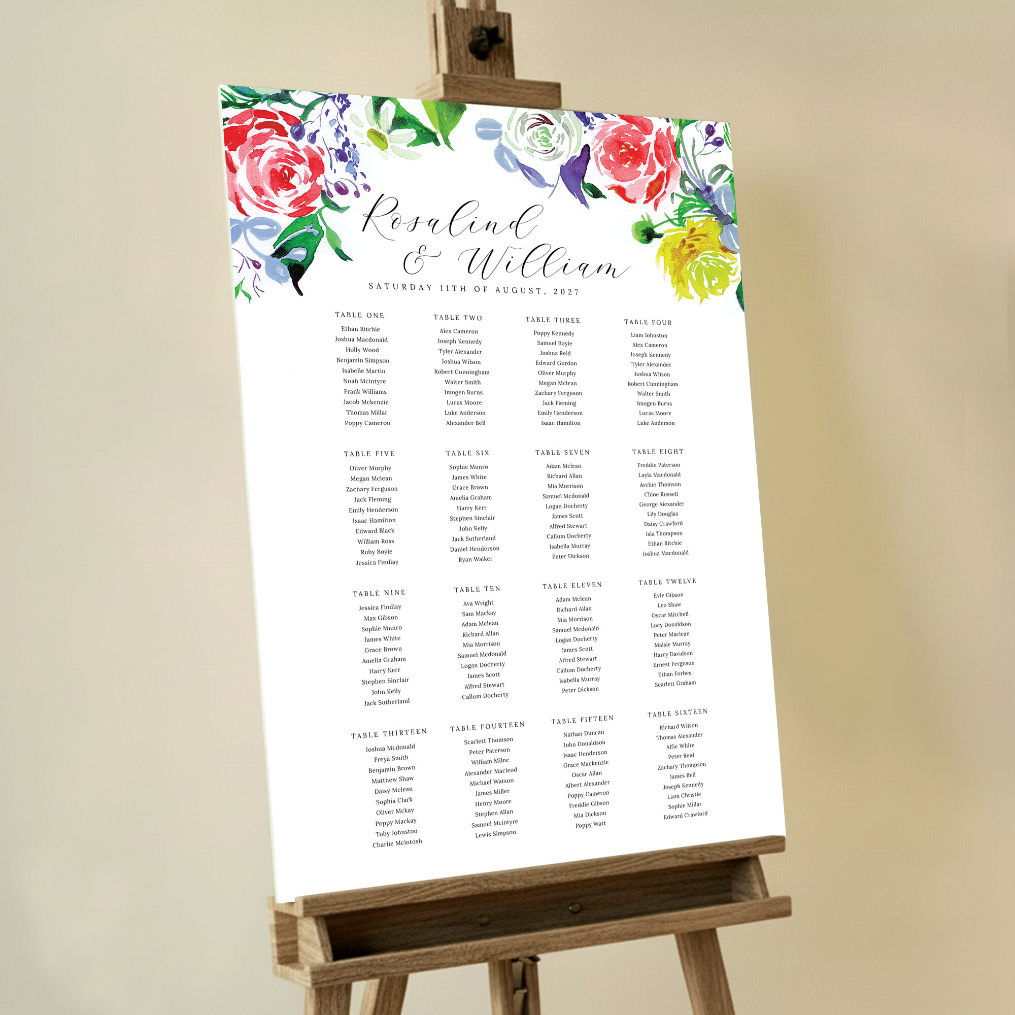 Seating Plans Board - The Flowerbed featuring a captivating design adorned with beautifully painted roses in shades of red, yellow, and pink at the top, setting a romantic and whimsical tone for your special day.. This one has 16 tables.