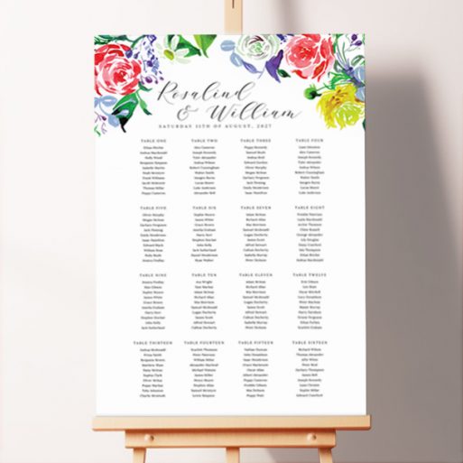 Seating Plans Board - The Flowerbed featuring a captivating design adorned with beautifully painted roses in shades of red, yellow, and pink at the top, setting a romantic and whimsical tone for your special day.. This one has 16 tables.