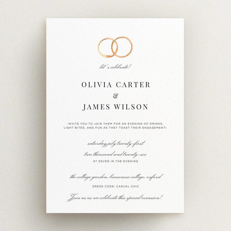 Elegant engagement party invitations with two ring illustration and classic typography design