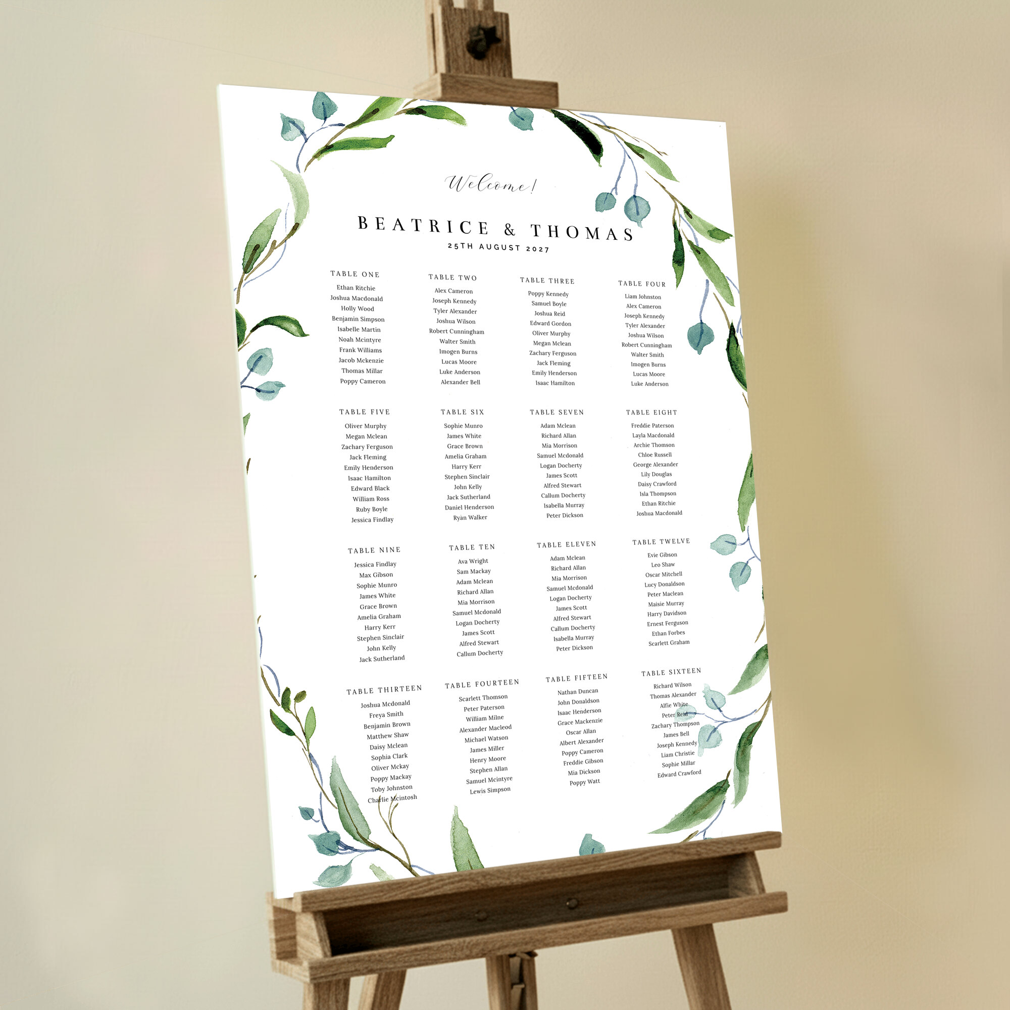 Custom Seating Charts - Thin Watercolour Wreath featuring a captivating floral design encircling the seating plan board with a delicate green and blue wreath, adding a touch of nature and elegance to your event.. This design is formatted for 16 tables.