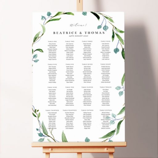 Custom Seating Charts - Thin Watercolour Wreath featuring a captivating floral design encircling the seating plan board with a delicate green and blue wreath, adding a touch of nature and elegance to your event.. This design is formatted for 16 tables.
