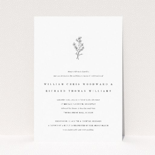 "Thistle Simple wedding invitation featuring minimalist design with delicate thistle illustration on stark white background, symbolizing resilience and deep-rooted love, conveying sophistication and modern sensibility for an authentic celebration.". This is a view of the front