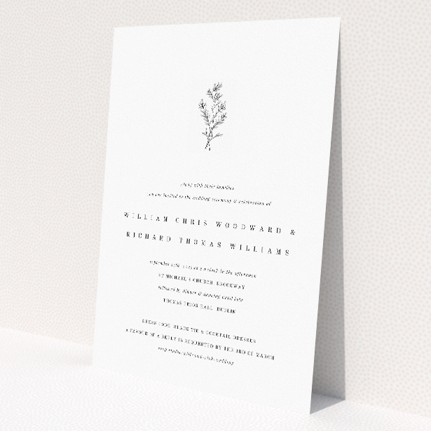 'Thistle Simple wedding invitation featuring minimalist design with delicate thistle illustration on stark white background, symbolizing resilience and deep-rooted love, conveying sophistication and modern sensibility for an authentic celebration.'. This is a view of the front