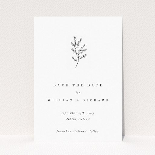Thistle Simple wedding save the date card with elegant thistle illustration symbolizing resilience and devotion on pristine white background. This is a view of the front