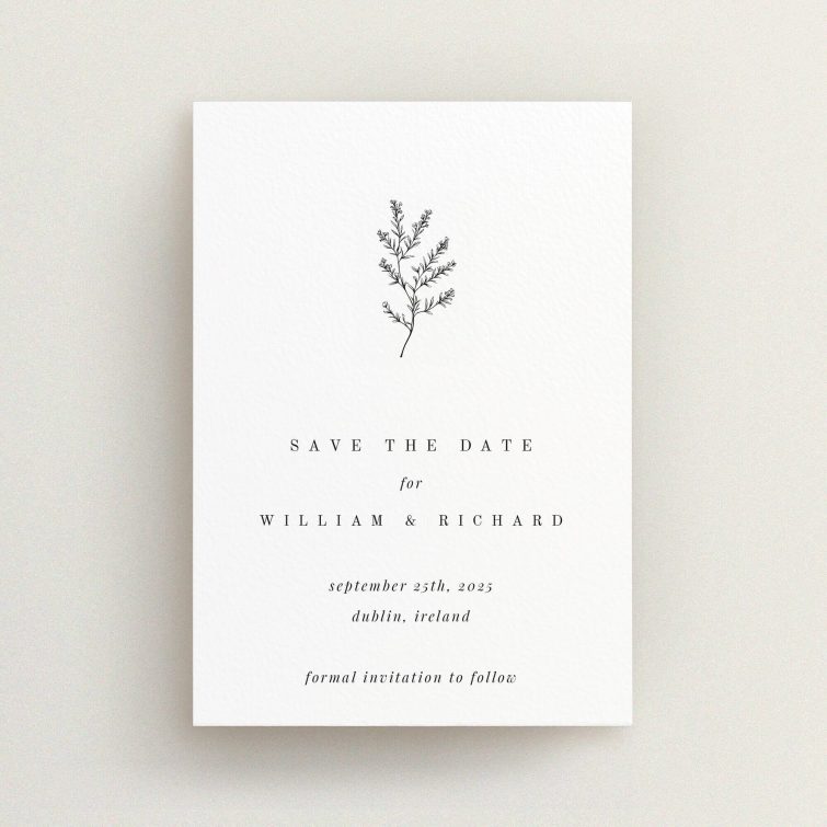 Thistle Simple wedding save the date card with elegant thistle illustration symbolizing resilience and devotion on pristine white background. This is a view of the front