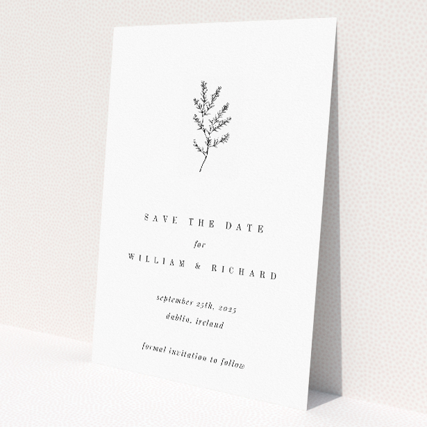 Thistle Simple wedding save the date card with elegant thistle illustration symbolizing resilience and devotion on pristine white background. This is a view of the back