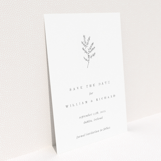 Thistle Simple wedding save the date card with elegant thistle illustration symbolizing resilience and devotion on pristine white background. This is a view of the back