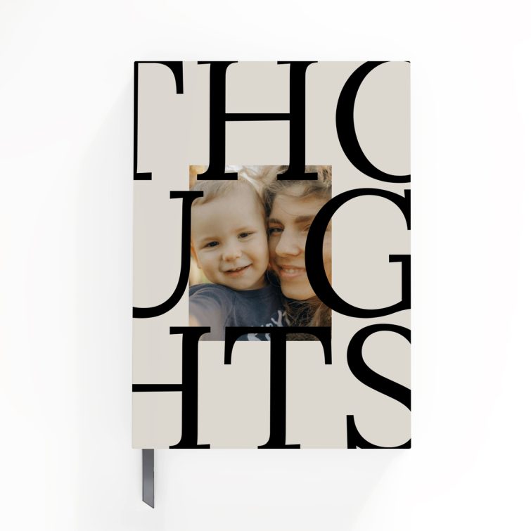 Personalised notebooks design with bold text and one photo, by Utterly Printable.