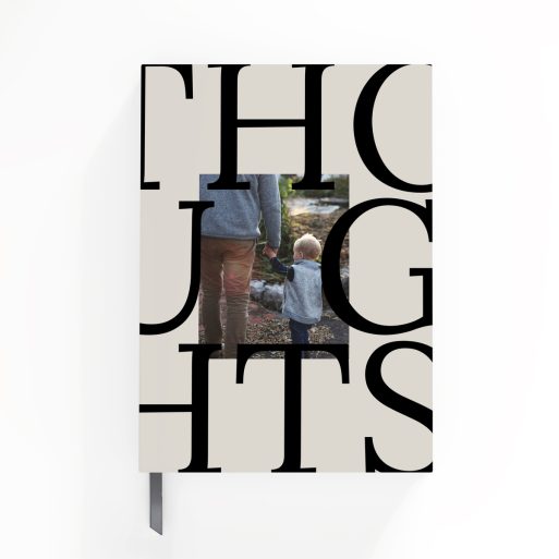 Stylish portrait notebook cover design with large typography and one photo, ideal for personalised stationery from Utterly Printable.