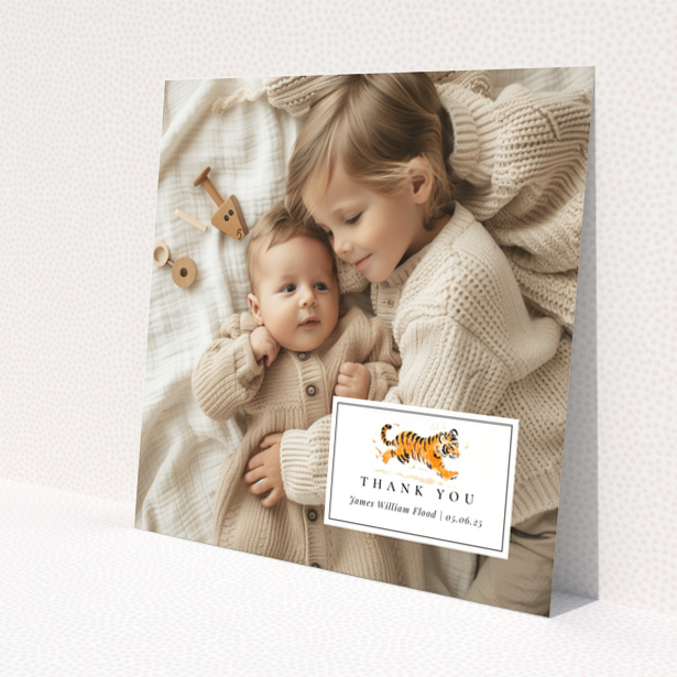 Baby thank you card design with two photos and cute illustration