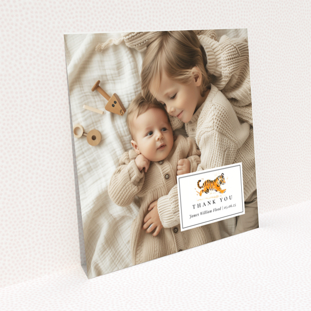 Baby thank you card design with two photos and cute illustration