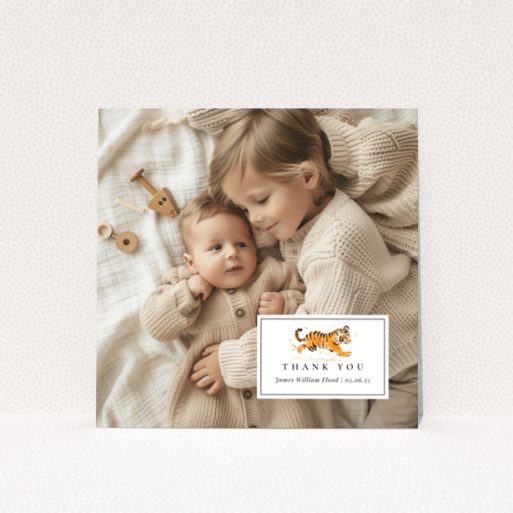 Baby thank you card design with two photos and cute illustration