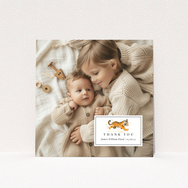 Baby thank you card design with two photos and cute illustration