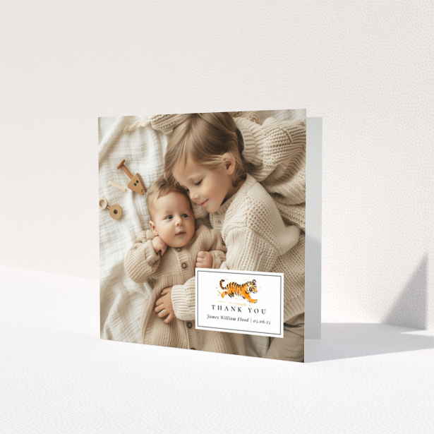 Baby thank you card design with two photos and cute illustration