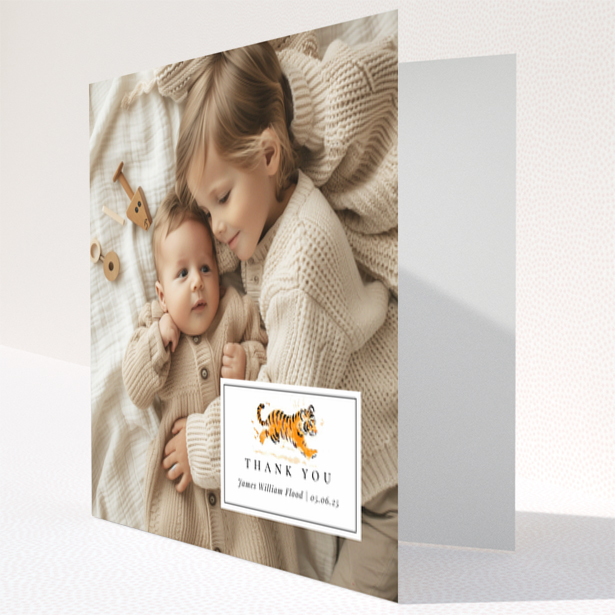 Baby thank you card design with two photos and cute illustration
