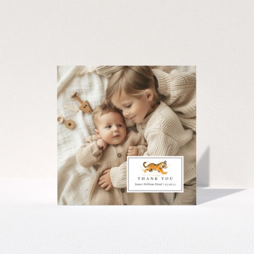 Baby thank you card design with two photos and cute illustration