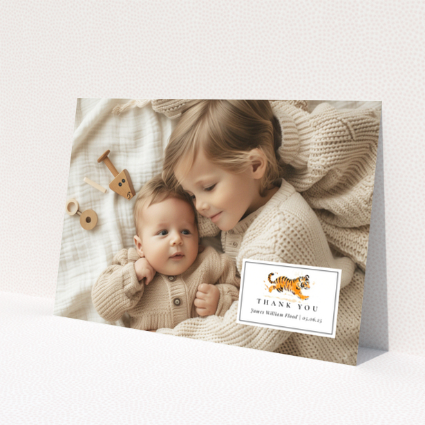 Baby thank you card design with two photos and cute illustration