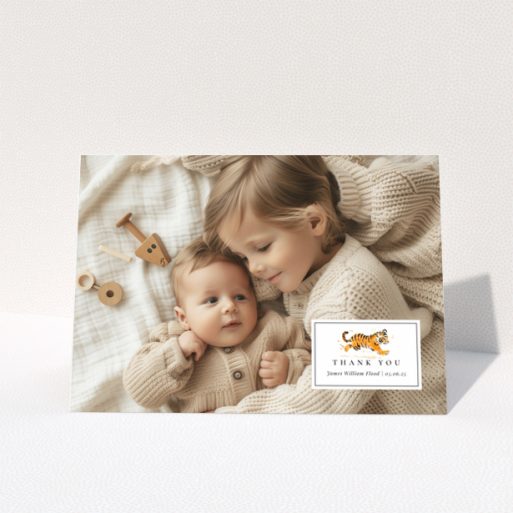 Baby thank you card design with two photos and cute illustration