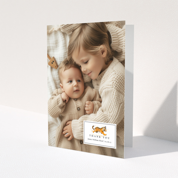 Baby thank you card design with two photos and cute illustration
