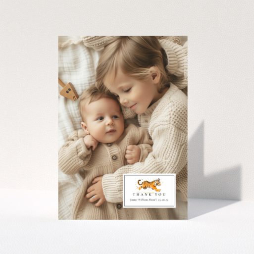 Baby thank you card design with two photos and cute illustration