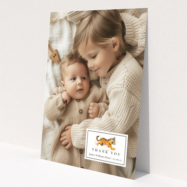 Baby thank you card design with two photos and cute illustration