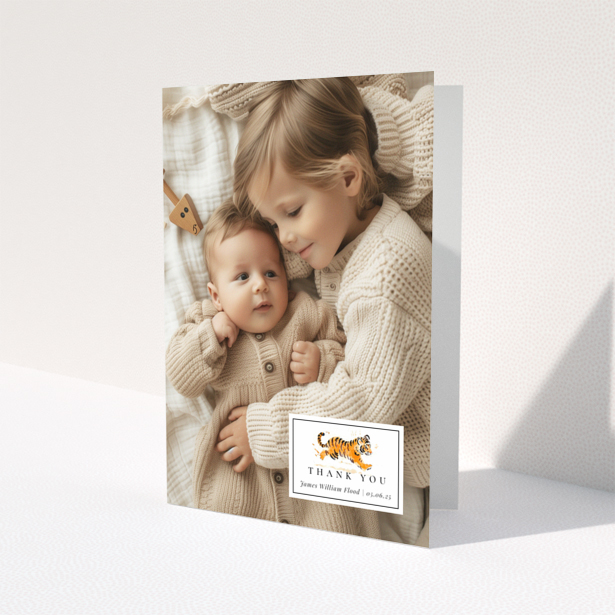 Baby thank you card design with two photos and cute illustration