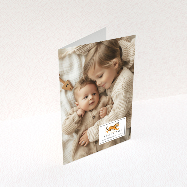 Baby thank you card design with two photos and cute illustration