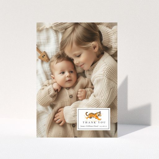 Baby thank you card design with two photos and cute illustration
