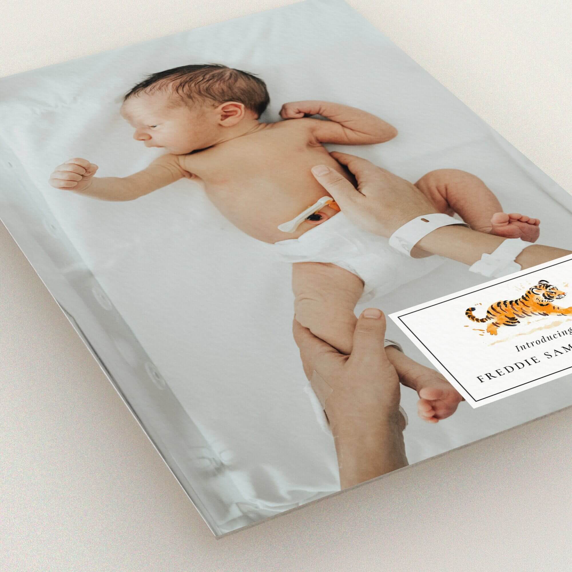 Personalised birth announcement card design featuring one baby photo.