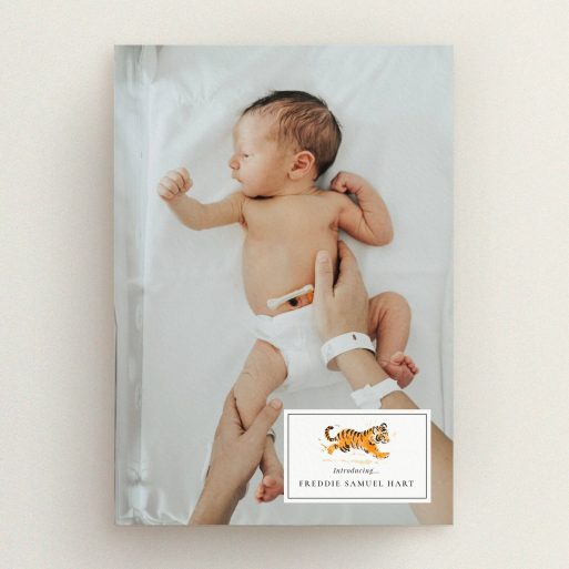 Personalised birth announcement card design featuring one baby photo.